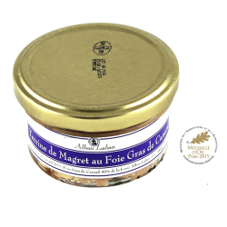 Terrine de magret de canard au foie gras de 100g. Médaille d’or 2020- 2018 -2015 concours agricole Paris