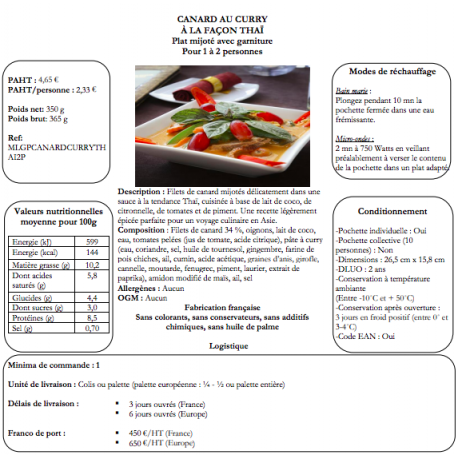 CANARD AU CURRY A LA FACON THAÏ - 350 GR - PLAT MIJOTE AVEC GARNITURE